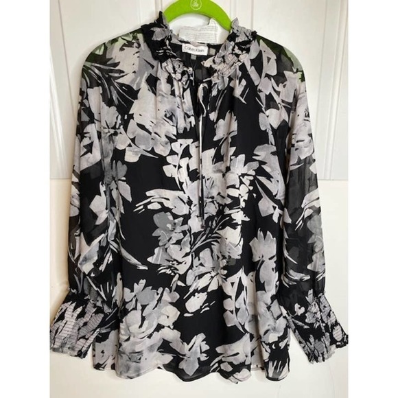 Calvin Klein Women's Printed Chiffon Peasant Blouse Sz Medium Black/White - Picture 6 of 6